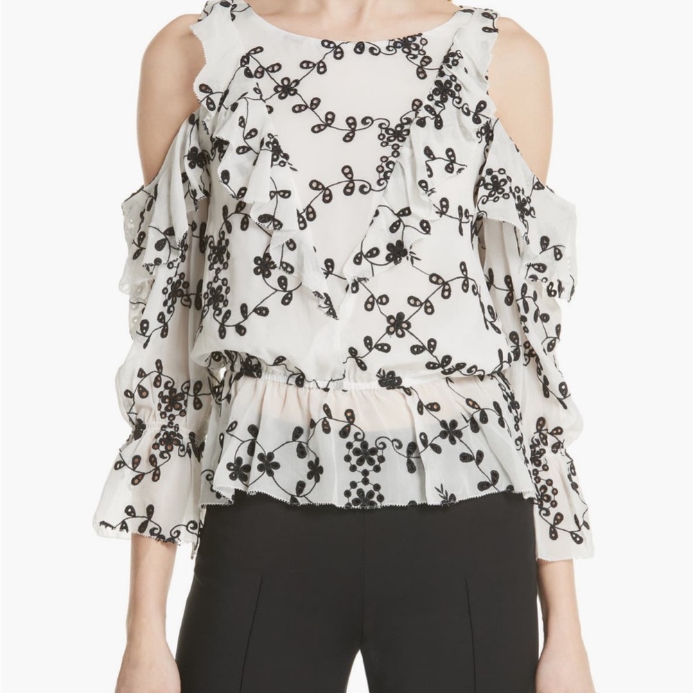 Joie Carlyton eyelet silk Embroidered Cold Shoulder Top